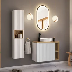 Garnero Arredamenti Mobile bagno sospeso cannettato 100cm con lavabo e colonna bianco rovere Cleany Clearance