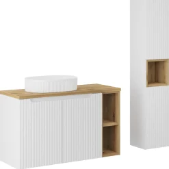 Garnero Arredamenti Mobile bagno sospeso cannettato 100cm con lavabo e colonna bianco rovere Cleany Clearance