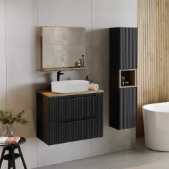 Garnero Arredamenti Mobile bagno sospeso cannettato 80cm con lavabo e colonna rovere Cleany Nero New