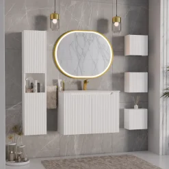 Garnero Arredamenti Mobile bagno sospeso cannettato 80cm con lavabo, colonna e 3 pensili bianco rovere Cleany