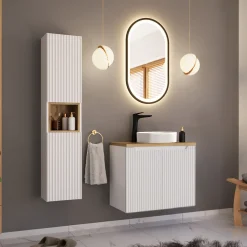 Garnero Arredamenti Mobile bagno sospeso cannettato 80cm con lavabo e colonna bianco rovere Cleany Discount