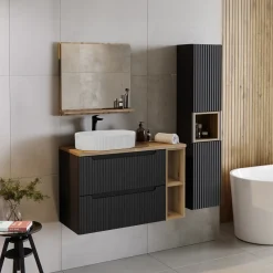Garnero Arredamenti Mobile bagno sospeso cannettato 100cm con lavabo e colonna nero rovere Cleany Sale