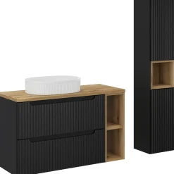 Garnero Arredamenti Mobile bagno sospeso cannettato 100cm con lavabo e colonna nero rovere Cleany Sale