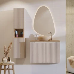 Garnero Arredamenti Mobile bagno sospeso cannettato 80cm con lavabo e colonna beige rovere Cleany Best