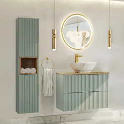 Garnero Arredamenti Mobile bagno sospeso cannettato 80cm con lavabo e colonna verde salvia rovere Greeny Clearance