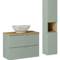Garnero Arredamenti Mobile bagno sospeso cannettato 80cm con lavabo e colonna verde salvia rovere Greeny Clearance