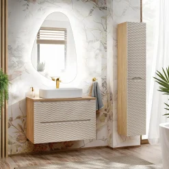 Garnero Arredamenti Mobile bagno sospeso 80cm con lavabo, specchio e colonna beige rovere Swim Sale