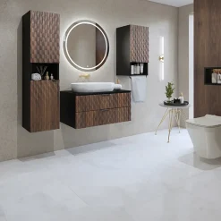 Garnero Arredamenti Mobile bagno sospeso 82cm con colonna e pensile nero frontali noce decorati Silvy