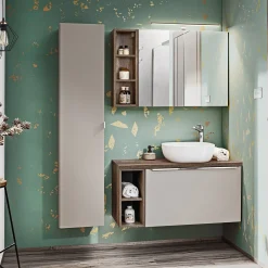 Garnero Arredamenti Mobile bagno sospeso 80cm con lavabo, mobile specchio e colonna grigio quercia Serif Clearance