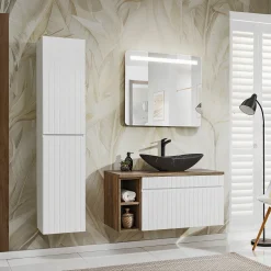 Garnero Arredamenti Mobile bagno sospeso 100cm cannettato con lavabo, colonna e specchio quercia Autentic Bianco Hot