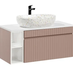 Garnero Arredamenti Mobile bagno sospeso 100cm cannettato con lavabo, colonna e specchio Autentic Rosa Sale