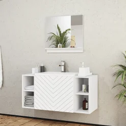 Garnero Arredamenti Mobile bagno sospeso 106cm con lavabo e specchio serigrafato bianco Baden 9 Bianco Lucido Sale