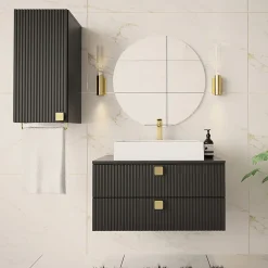Garnero Arredamenti Mobile bagno sospeso 80cm con pensile 2 cassetti nero Bursa 3 Nero Lucido - Oro Best