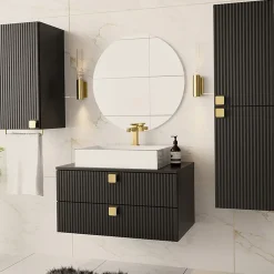 Garnero Arredamenti Mobile bagno sospeso 80cm con colonna e pensile maniglie oro nero Bursa Nero Lucido - Oro Online