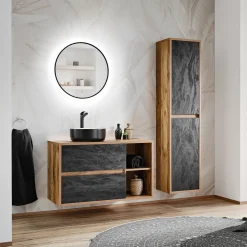 Garnero Arredamenti Mobile bagno sospeso 100cm con lavabo, specchio e colonna rovere antracite Stony
