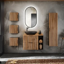 Garnero Arredamenti Mobile bagno sospeso 80cm cm con lavabo, specchio, colonna e cubotti quercia antracite Limpid