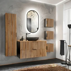 Garnero Arredamenti Mobile bagno sospeso 100cm cm con lavabo, specchio, colonna e cubotti quercia antracite Limpid New