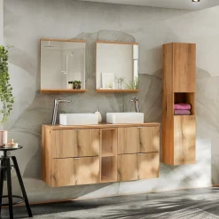 Garnero Arredamenti Mobile bagno sospeso 100cm con 2 lavabi, 4 cassetti e colonna rovere Rovery