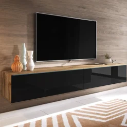 Garnero Arredamenti Mobile porta TV sospeso 180x30h cm 2 ante design nero lucido rovere Silvia Rovere - Nero Lucido Clearance