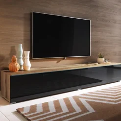 Garnero Arredamenti Mobile porta TV sospeso 180x30h cm 2 ante design nero lucido rovere Silvia Rovere - Nero Lucido Clearance