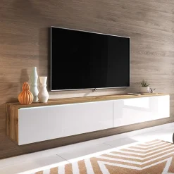 Garnero Arredamenti Mobile porta TV sospeso 180x30h cm con LED design bianco lucido rovere Silvia Bianco Lucido - Rovere Sale