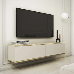 Garnero Arredamenti Mobile porta TV sospeso 135x30h cm 2 ante moderno beige oro Linus Beige - Oro Online