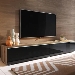 Garnero Arredamenti Mobile porta TV sospeso 180x30h cm con LED nero lucido rovere Silvia Rovere - Nero Lucido New