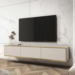 Garnero Arredamenti Mobile porta TV sospeso 175x3h 0cm 3 ante moderno beige oro Linus Online