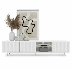 Garnero Arredamenti Mobile porta TV 175x45h cm 3 ante e vano a giorno bianco cannettato oro Celestia Bianco Opaco Best