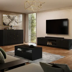 Garnero Arredamenti Mobile porta tv 180x40h cm 2 ante 2 vani a giorno cannettato nero Athena Nero Opaco Outlet