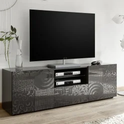 Garnero Arredamenti Mobile porta TV 181x57h cm 2 ante 1 cassetto soggiorno grigio laccato lucido Paradise Antracite