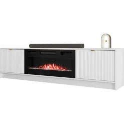 Garnero Arredamenti Mobile porta TV 182x48h cm 2 ante con caminetto  bianco cannettato nero Athena Bianco Opaco Best
