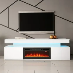 Garnero Arredamenti Mobile porta TV 190x59h cm 2 ante con caminetto con LED bianco Lumus Bianco Lucido Hot