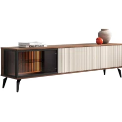 Garnero Arredamenti Mobile porta tv 180x50h cm 3 ante con LED cannettato noce beige Evelina Outlet