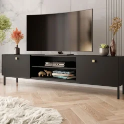 Garnero Arredamenti Mobile porta TV 180x48h cm 2 ante 2 vani Giuggiola Nero Opaco New