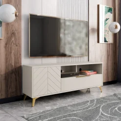 Garnero Arredamenti Mobile porta TV 154x60h cm 1 anta 2 cassetti 2 vani a giorno beige con frontali serigrafati Miriam Sale