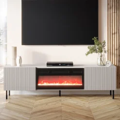 Garnero Arredamenti Mobile porta TV 181x53h cm 2 ante con caminetto con frontali cannettati beige  Ziggy Sale