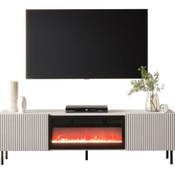 Garnero Arredamenti Mobile porta TV 181x53h cm 2 ante con caminetto con frontali cannettati beige  Ziggy Sale