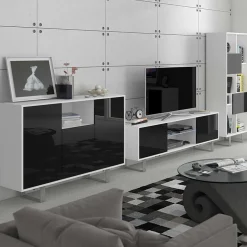 Garnero Arredamenti Mobile porta TV 160x53h cm moderno bianco opaco nero lucido Kelli Bianco Opaco - Nero Lucido Discount