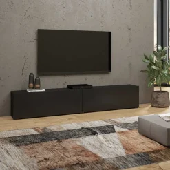 Garnero Arredamenti Mobile porta TV 180x35h cm moderno nero Fusion con 2 ribalte Nero Opaco
