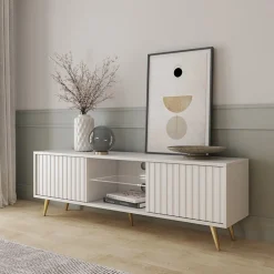 Garnero Arredamenti Mobile porta TV 135x45h cm moderno 2 ante bianco cannettato Celestia Bianco Opaco Clearance