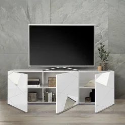 Garnero Arredamenti Mobile porta TV 181x57h cm moderno specchio con serigrafia bianco lucido Silea New