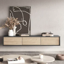 Garnero Arredamenti Mobile TV soggiorno sospeso 180x32h cm 3 ante a ribalta rovere grigio Glem Rovere - Antracite