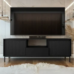 Garnero Arredamenti Mobile TV 174x55h cm design cannettato nero Strike Nero Opaco New