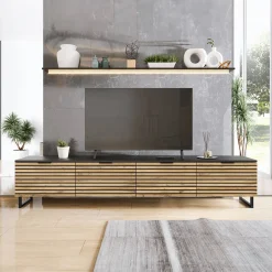 Garnero Arredamenti Mobile TV 200x40h cm design rustico cannettato rovere nero List Clearance