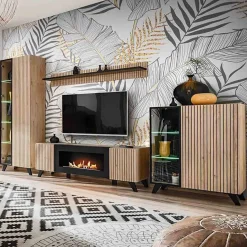 Garnero Arredamenti Parete attrezzata con biocamino 340x192h cm noce con stampa nera Mendes Clearance