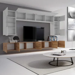 Garnero Arredamenti Parete attrezzata sospesa 300x185h cm porta tv con vetrine bianco lucido rovere Mons Rovere - Bianco Lucido Outlet