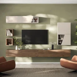 Garnero Arredamenti Parete attrezzata sospesa 276x210h cm moderna beige rovere scuro Sunset 75