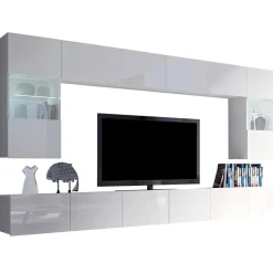 Garnero Arredamenti Parete attrezzata sospesa 300x185h cm porta tv con vetrine Mons Bianco Lucido New