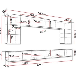 Garnero Arredamenti Parete attrezzata sospesa 300x185h cm porta tv con vetrine Mons Bianco Lucido New